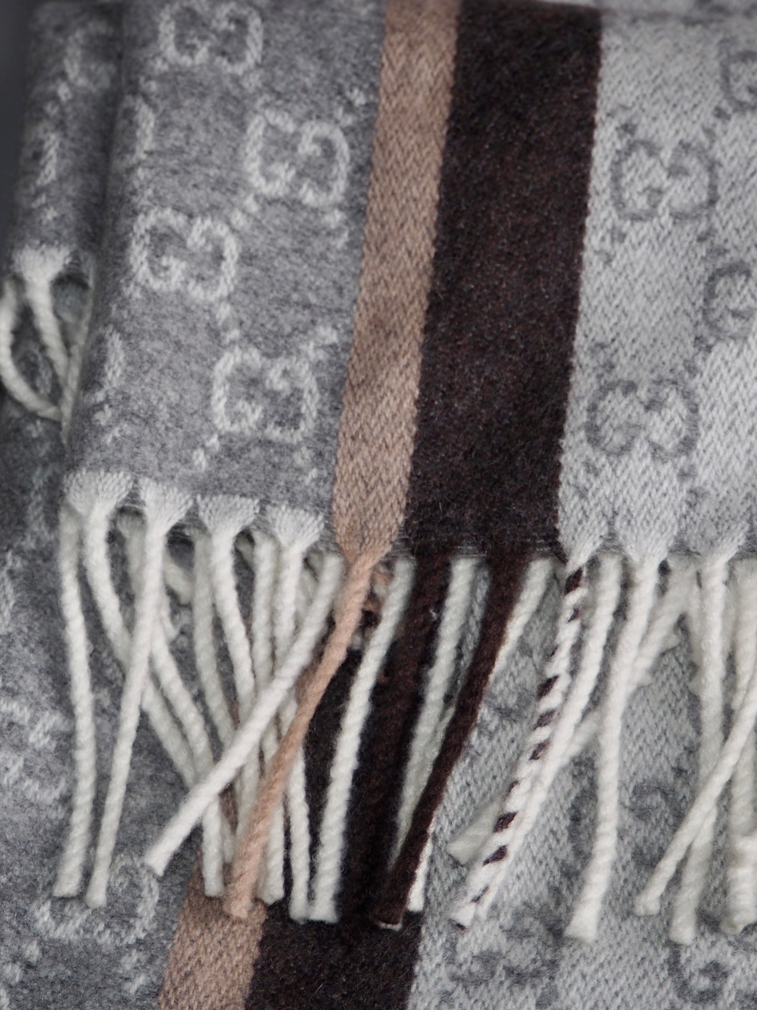 GUCCI GG JACQUARD CASHMERE/WOOL SCARF WITH TASSELS
