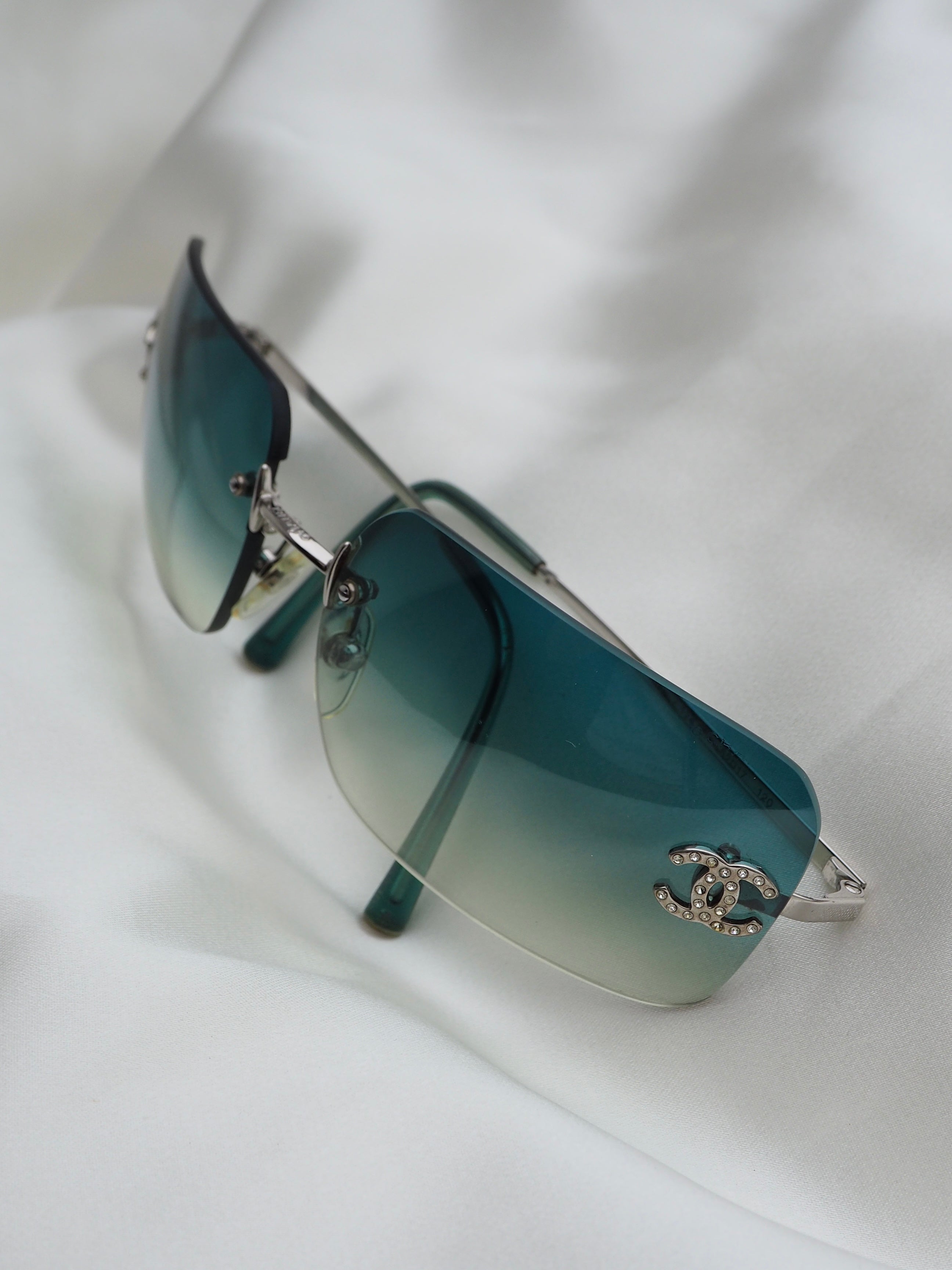 CHANEL 4017-D CRYSTAL CC LOGO RIMLESS SUNGLASSES TURQUOISE